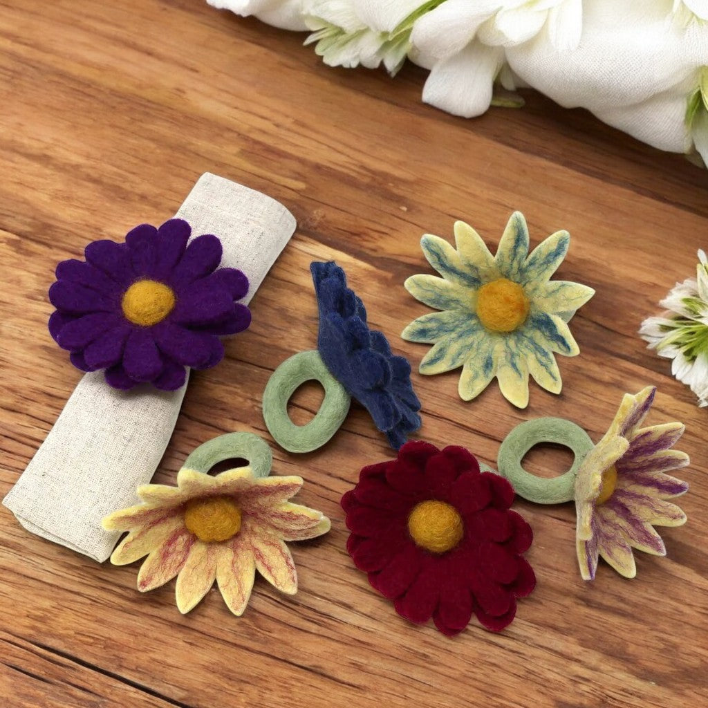 Meadowfelt Assorted Daisy Wool Napkin Rings, Set of 6