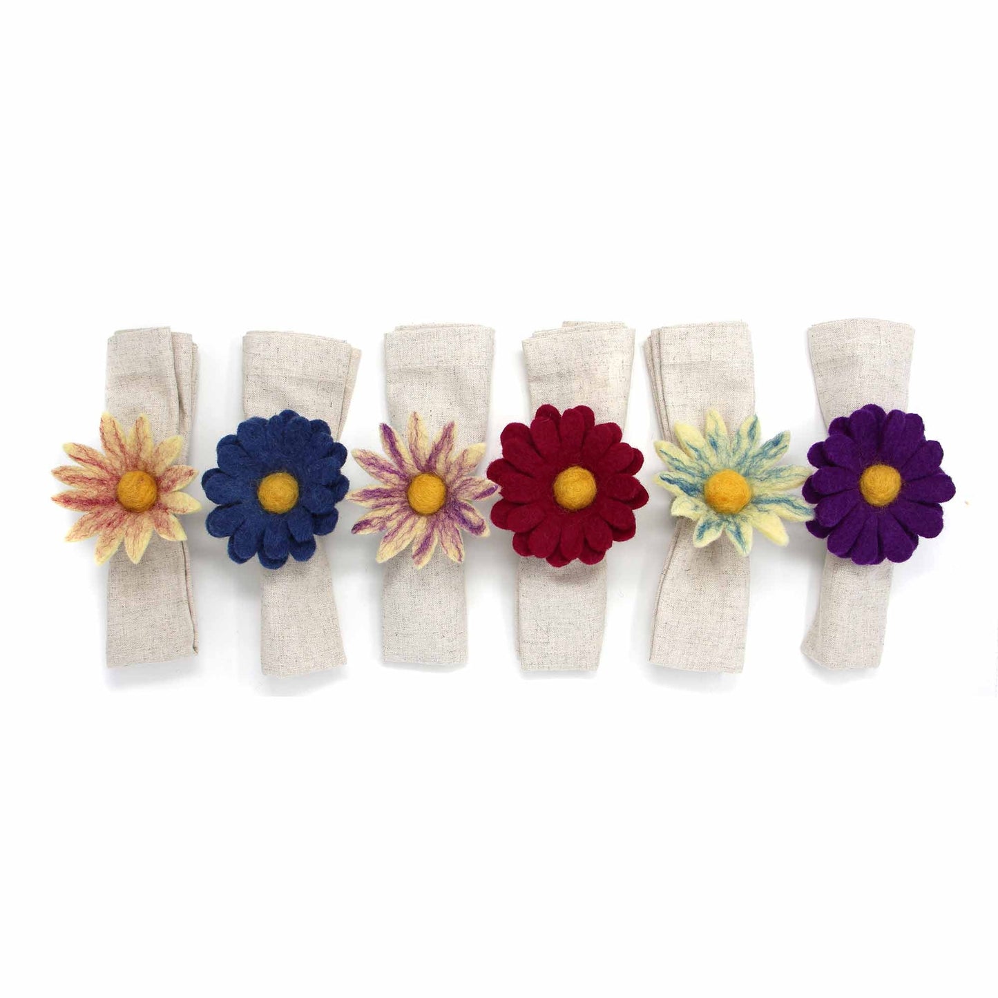 Image of Assorted Daisy Wool Napkin Rings, Set of 6