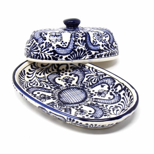Image of Handmade Blue Flower Pottery Butter Dish
