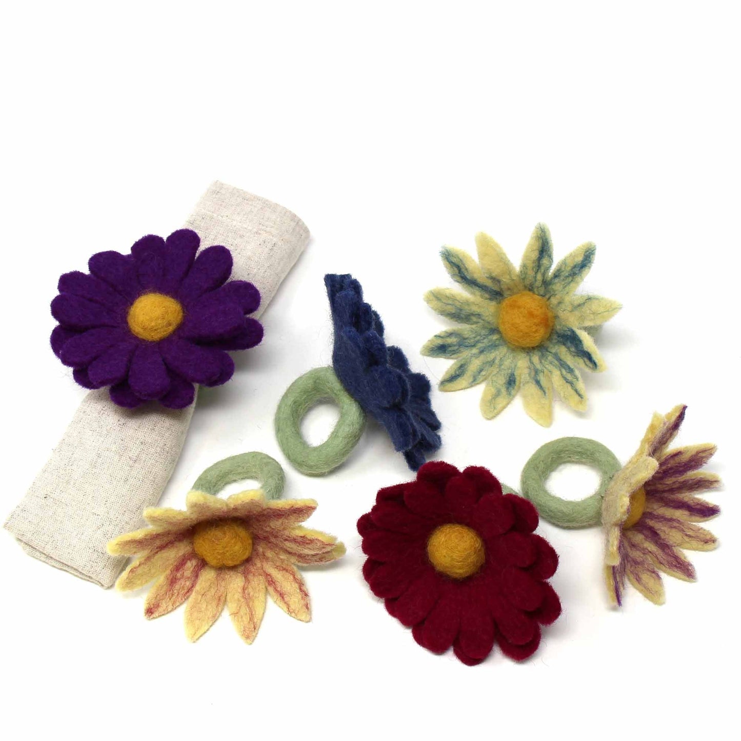 Image of Assorted Daisy Wool Napkin Rings, Set of 6