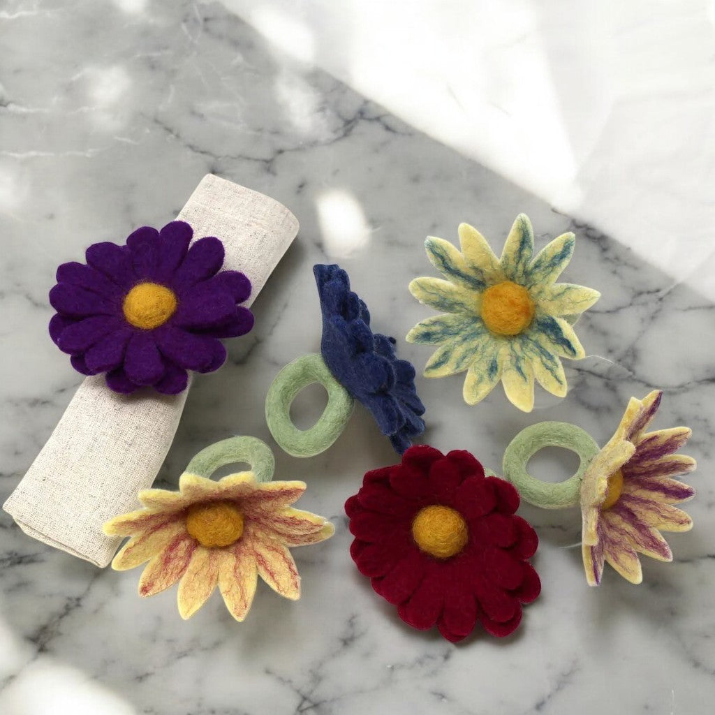 Meadowfelt Assorted Daisy Wool Napkin Rings, Set of 6