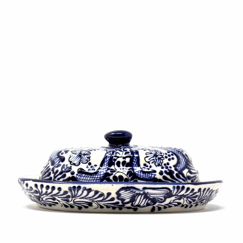 Image of Handmade Blue Flower Pottery Butter Dish