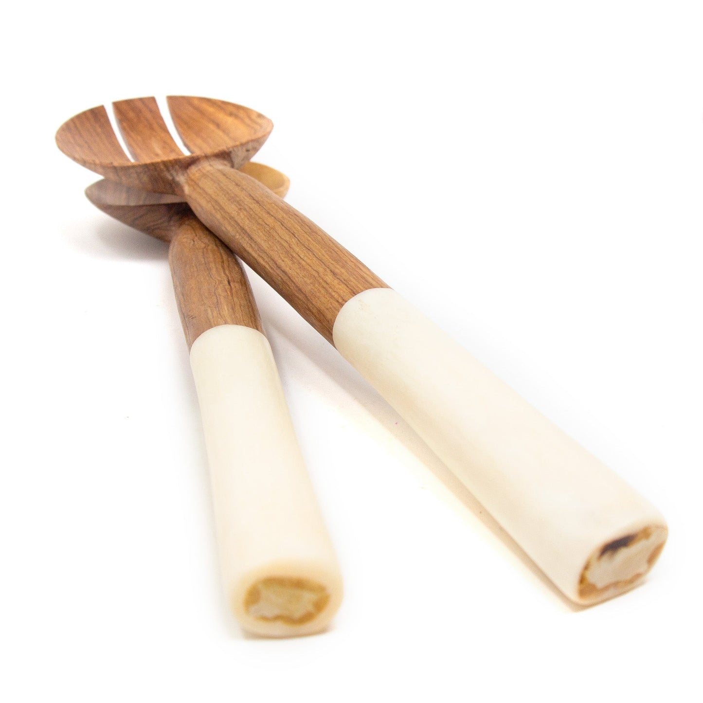 Image of Olive Wood Salad Servers with White Bone Handles