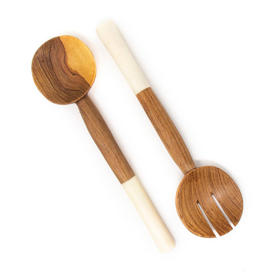 Image of Olive Wood Salad Servers with White Bone Handles