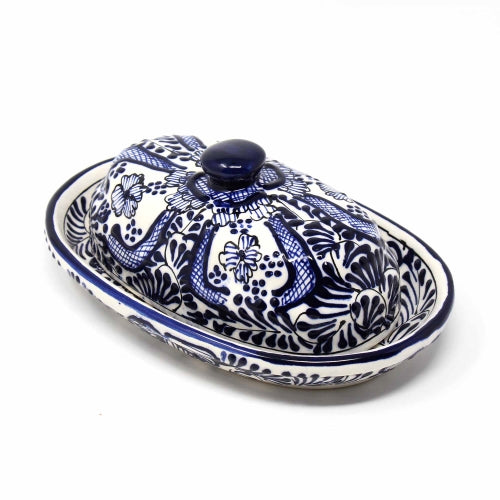 Image of Handmade Blue Flower Pottery Butter Dish