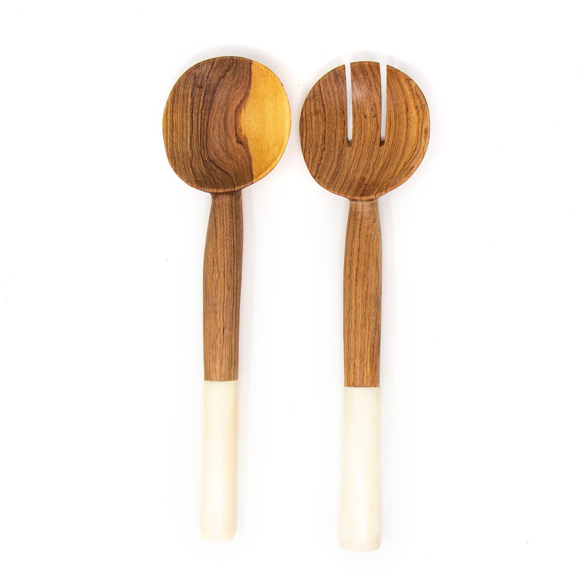 Image of Olive Wood Salad Servers with White Bone Handles