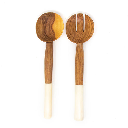 Image of Olive Wood Salad Servers with White Bone Handles
