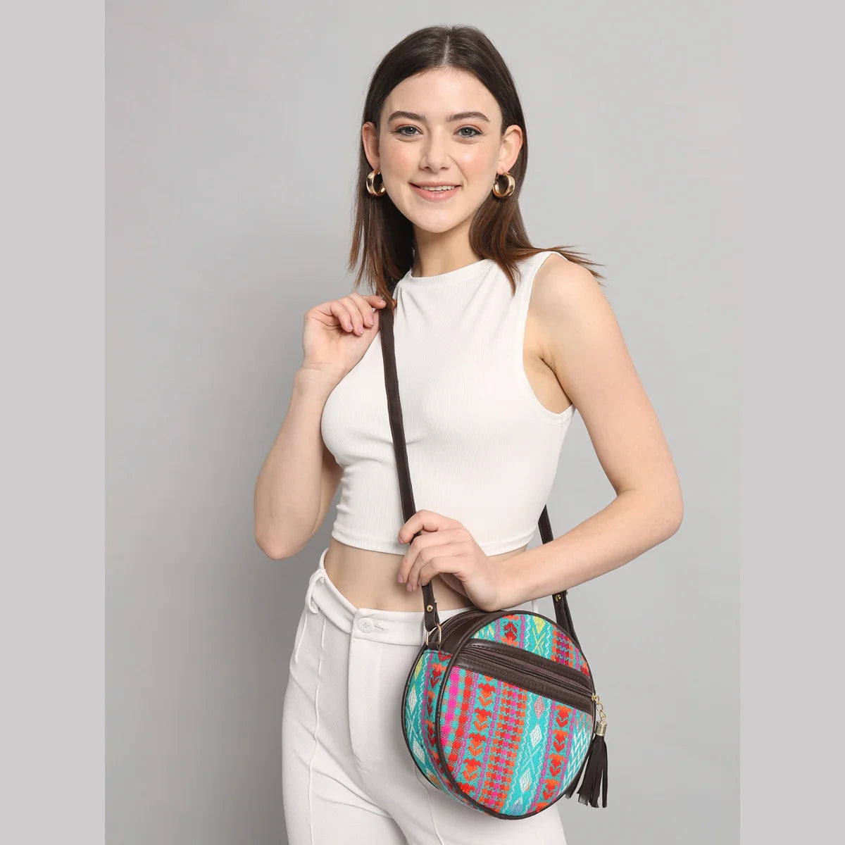 Flicker Jacquard Round Sling Bag - Turquoise