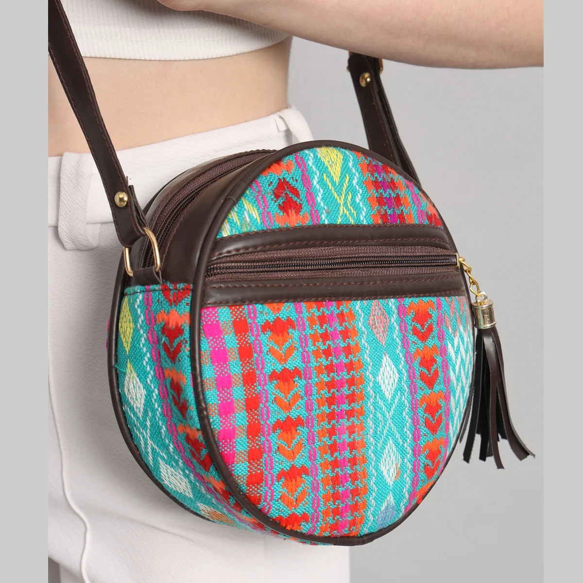 Flicker Jacquard Round Sling Bag - Turquoise