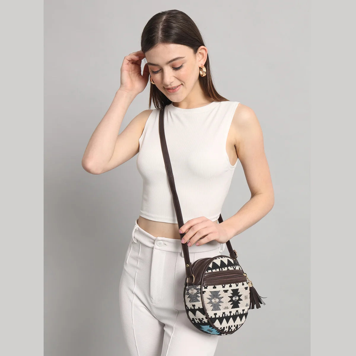 Flicker Jacquard Round Sling Bag - Geometric