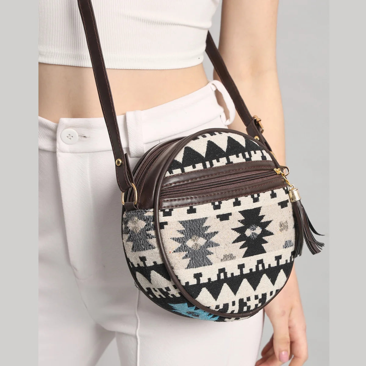 Flicker Jacquard Round Sling Bag - Geometric